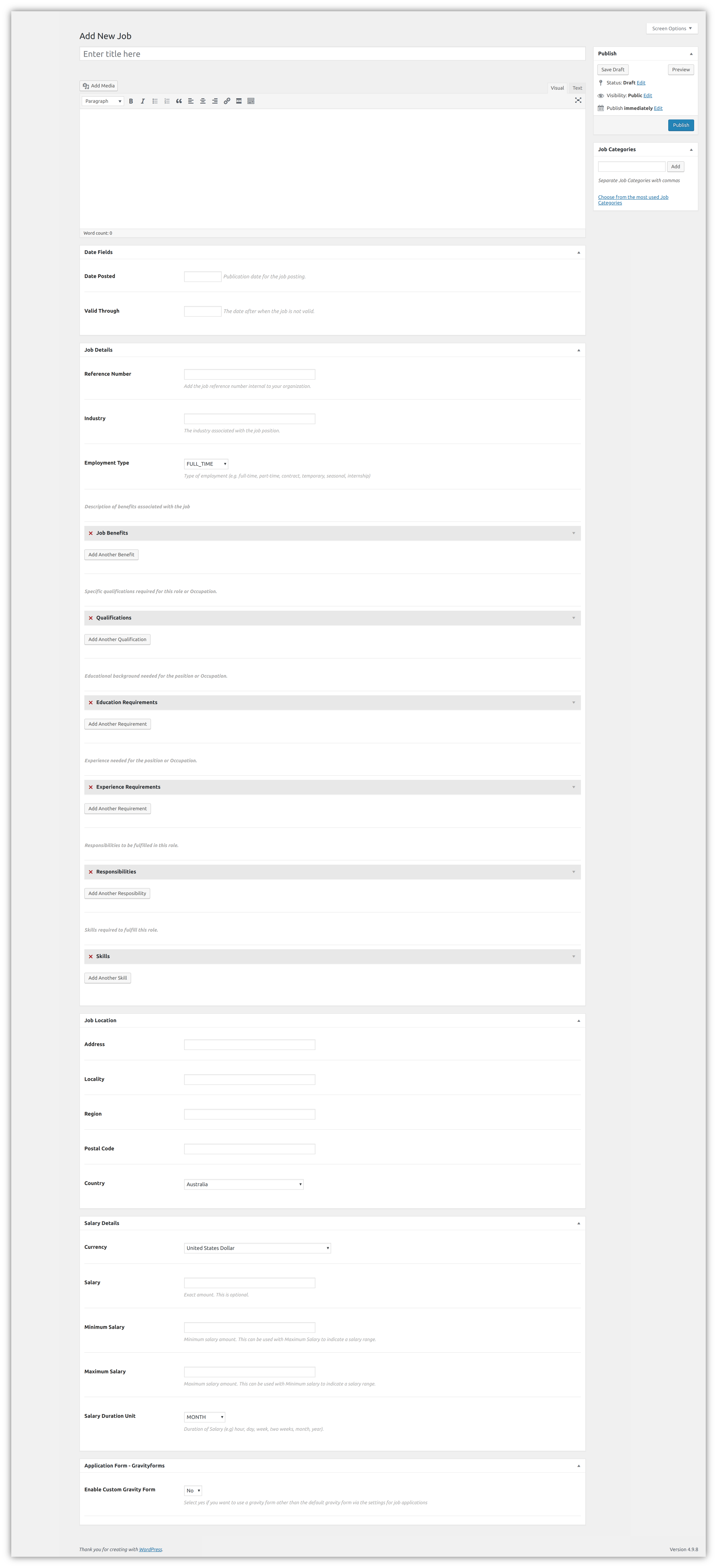 Custom fields for a job entry.