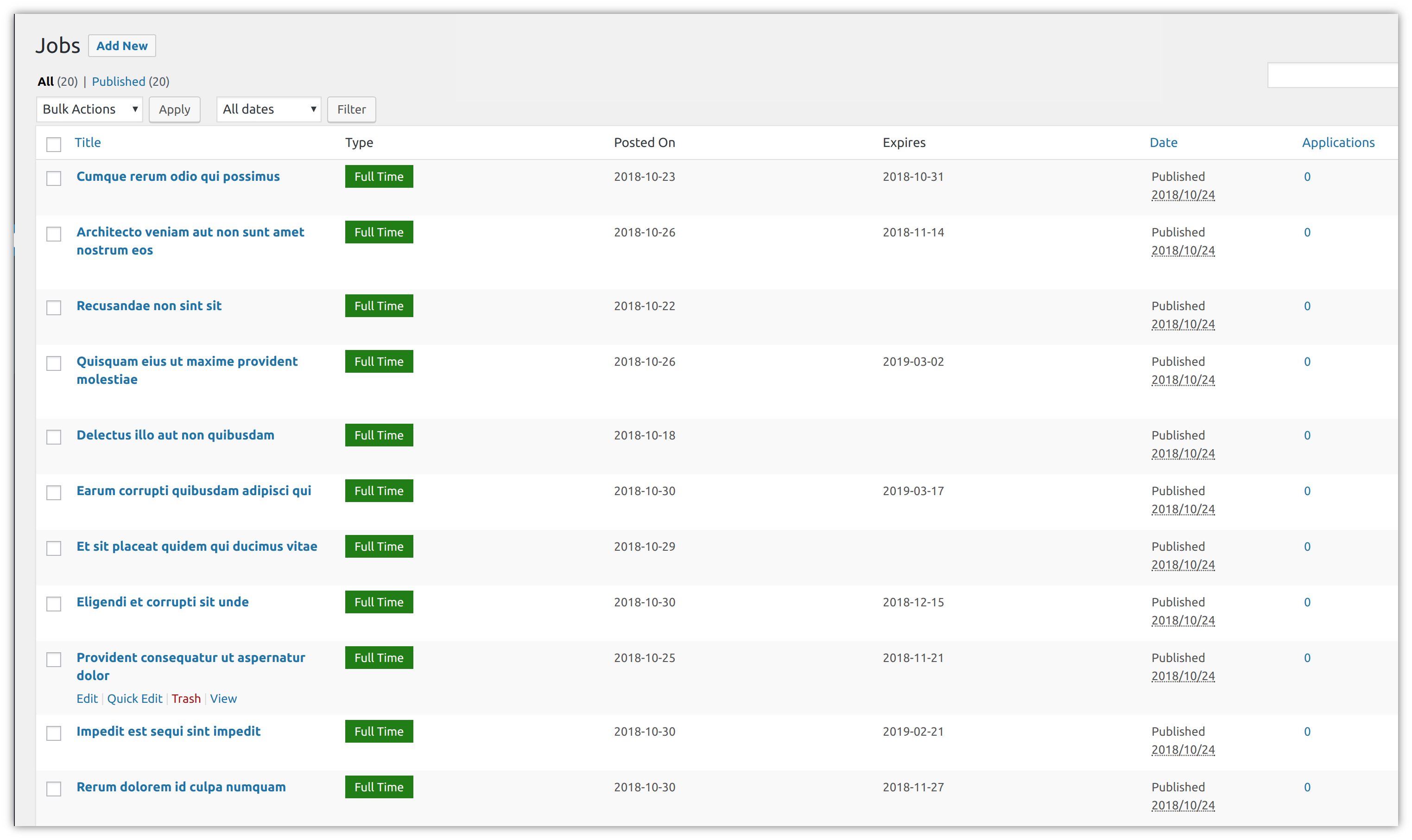 Job listing entries in WordPress admin.