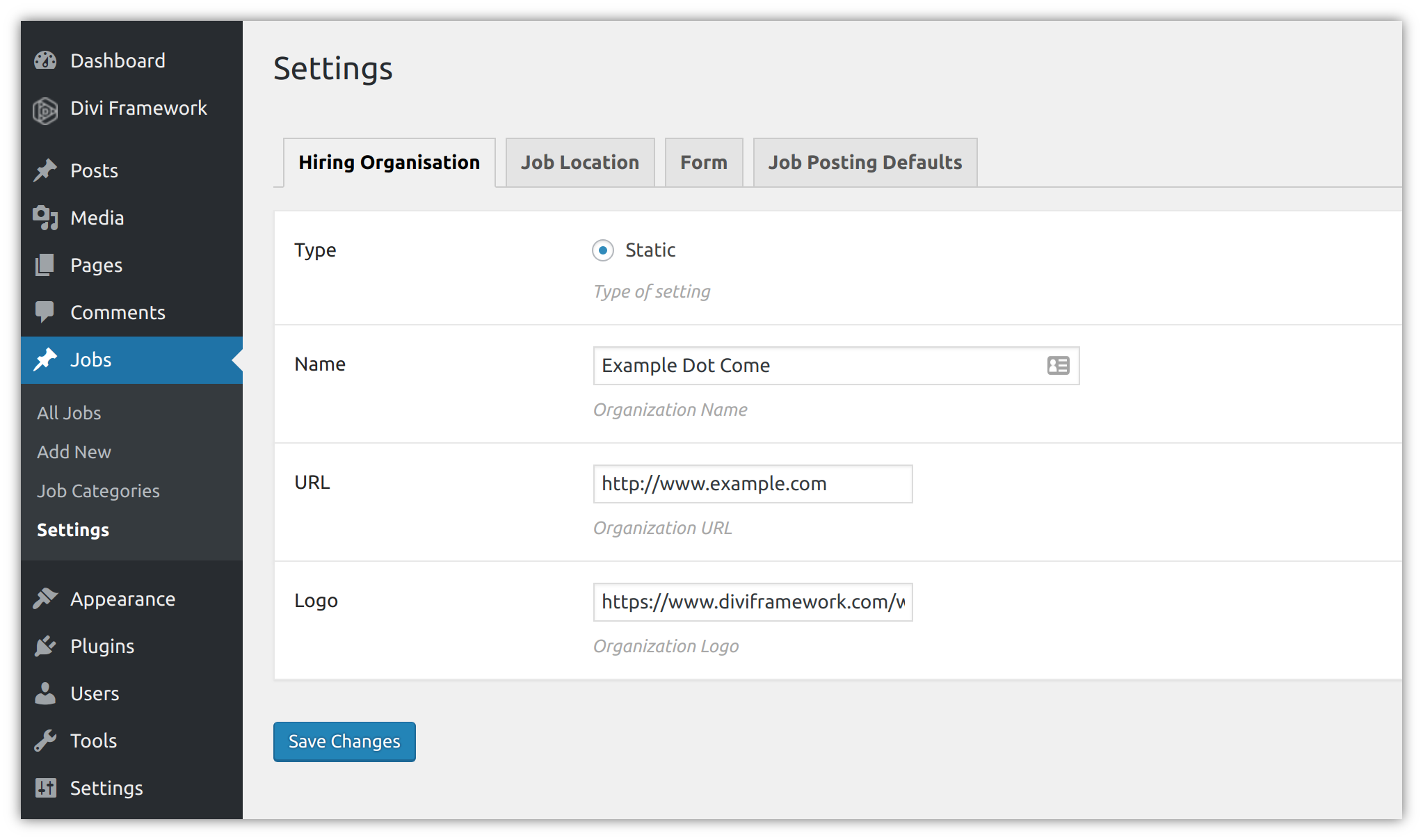 Hiring organization default settings.