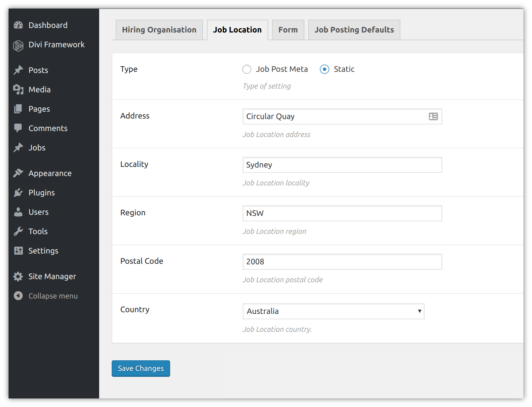 Job location default settings.