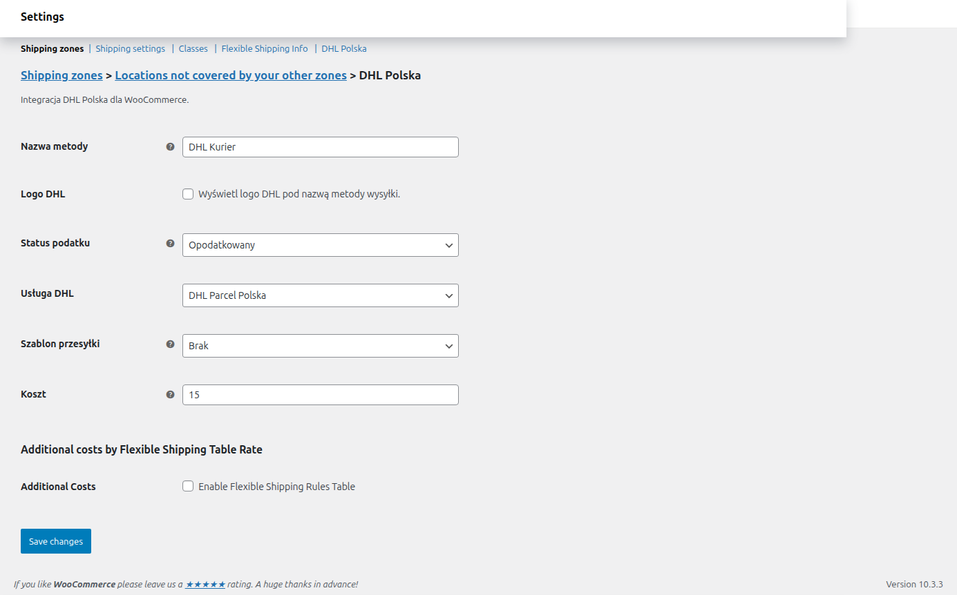 DHL shipping method instance settings (flat rate example).