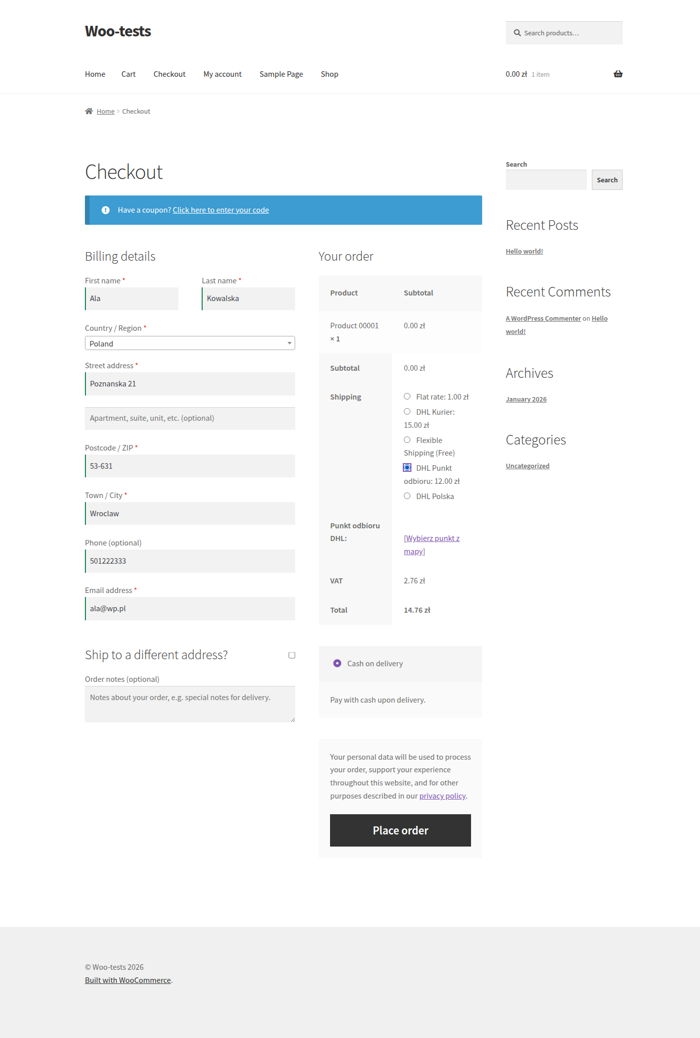 Checkout map for selecting a DHL pickup point.