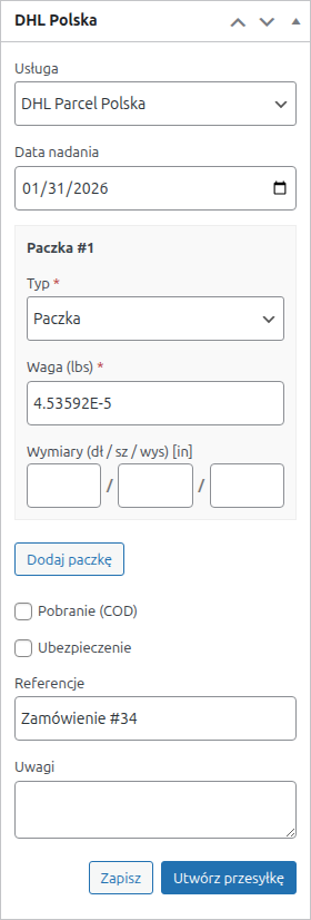 Order metabox for creating a DHL shipment.