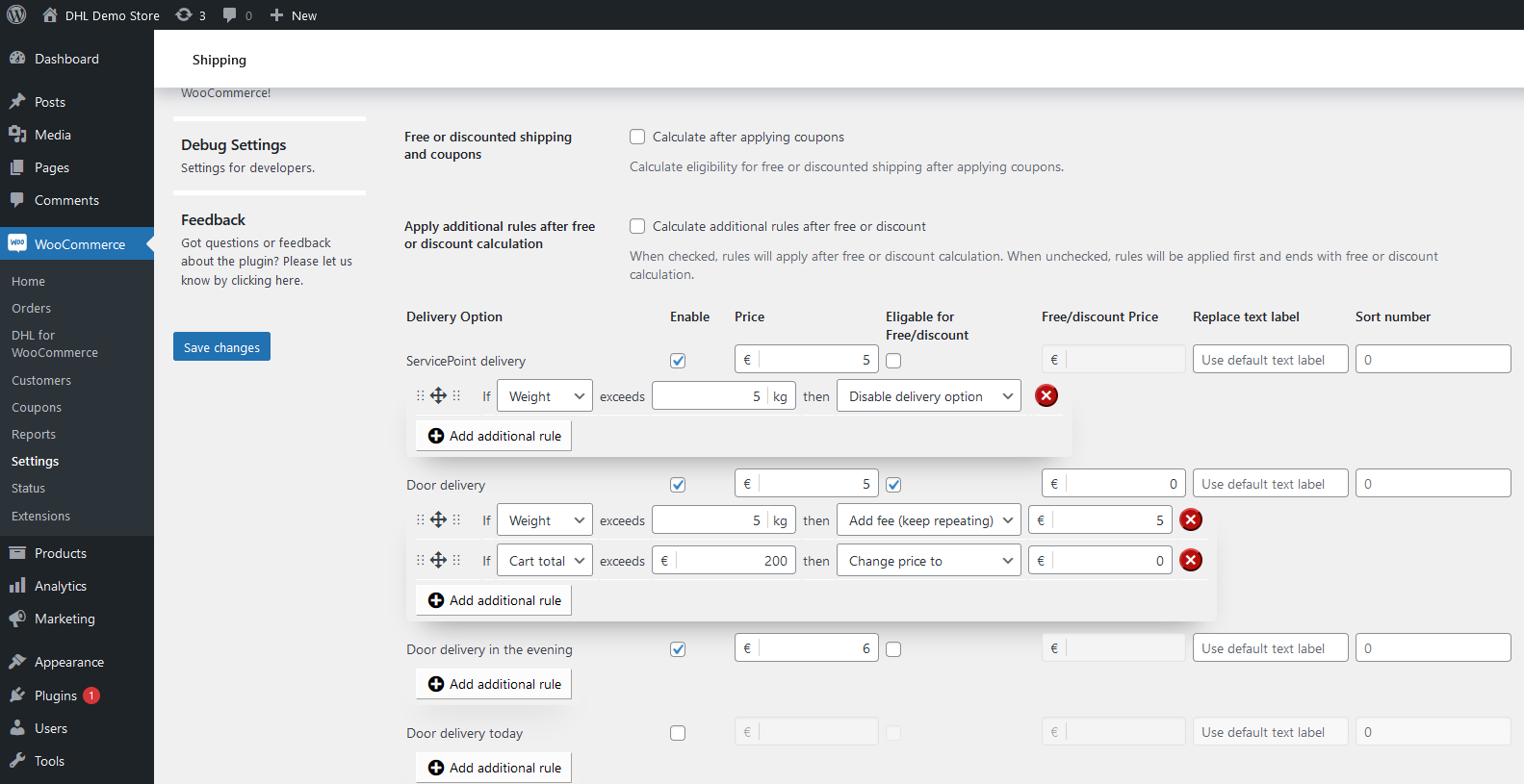 Customize delivery options in DHL for WooCommerce > Shipment Options