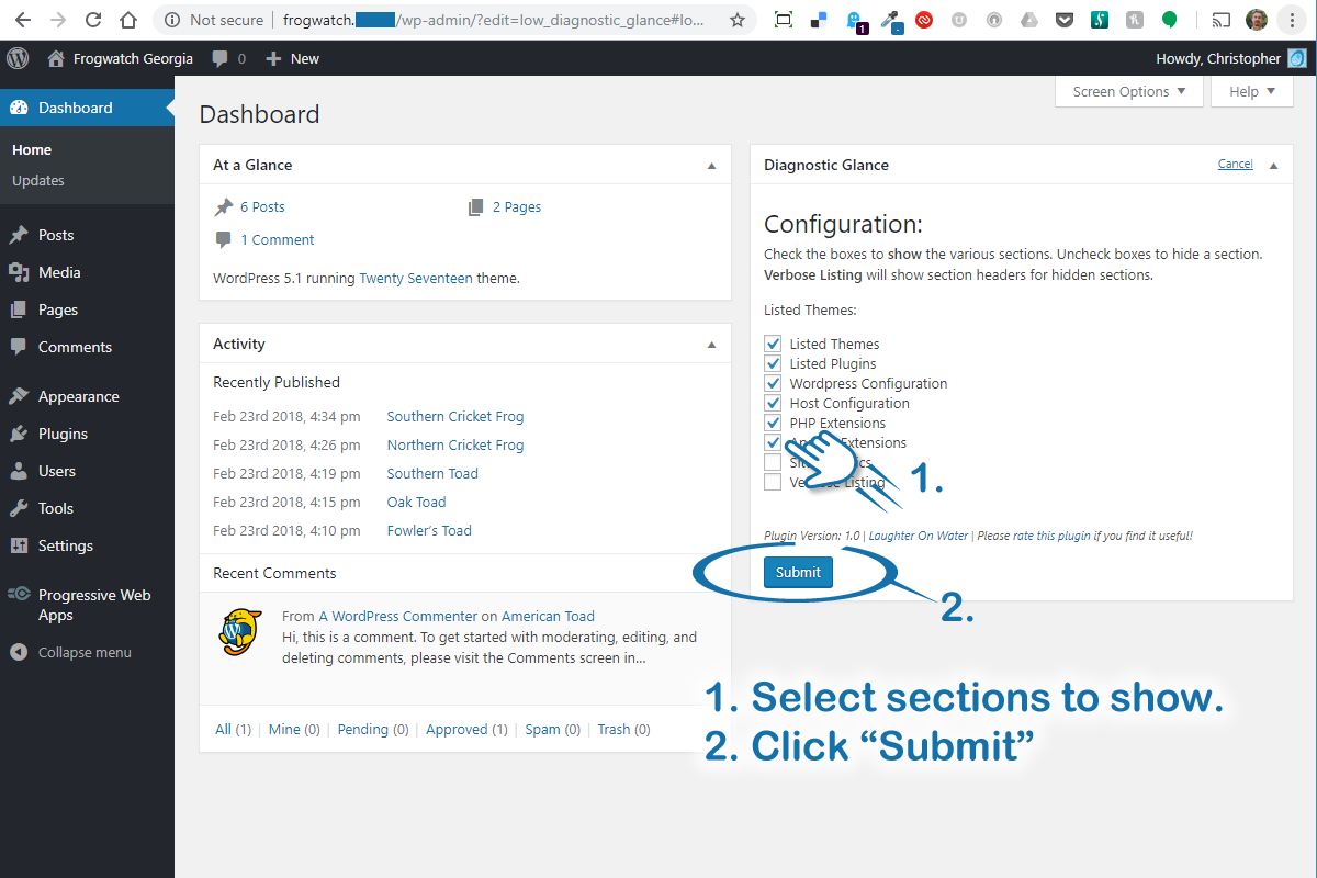 Select the sections to show. Then click "Submit".