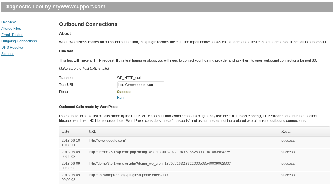 Screenshot of Outbound Connections, showing a successful test to http://www.google.com. Also showing a log of any other outbound http or https connections made via wordpress. Full description of other tranports methods that other plugins (never this plugin) may use and can cause issues.