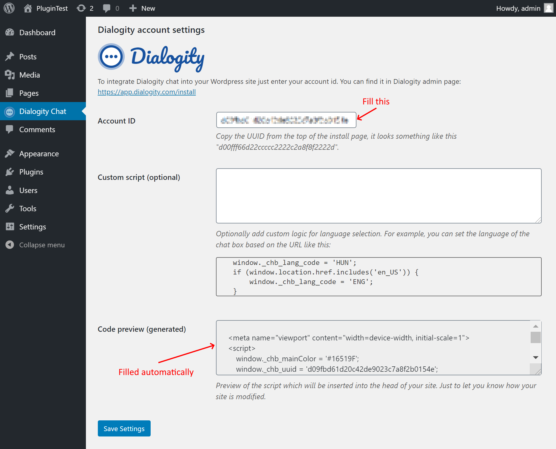 WordPress plugin settings