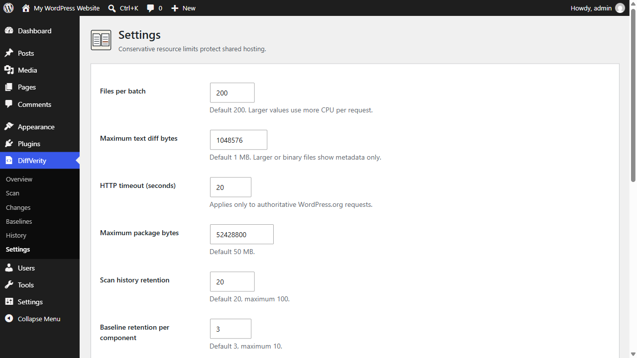 Settings show resource limits and controlled exclusion options.