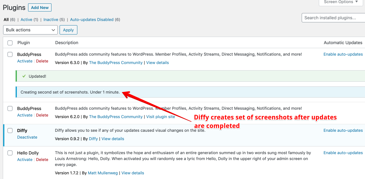 Diffy creates screenshots after update, compares with "before" version.