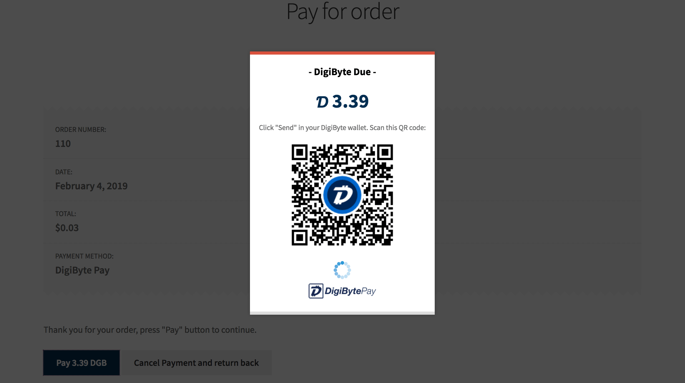 Customer scans QR code and pays from their DigiByte wallet.