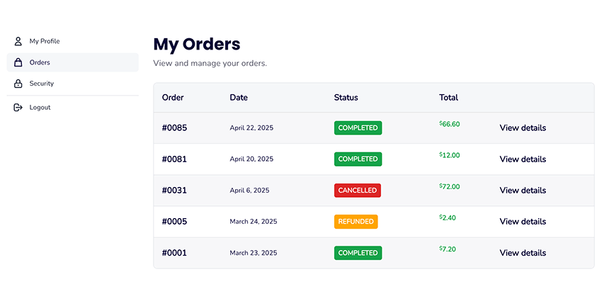 **Order Details**: Detailed view of individual order information and status.