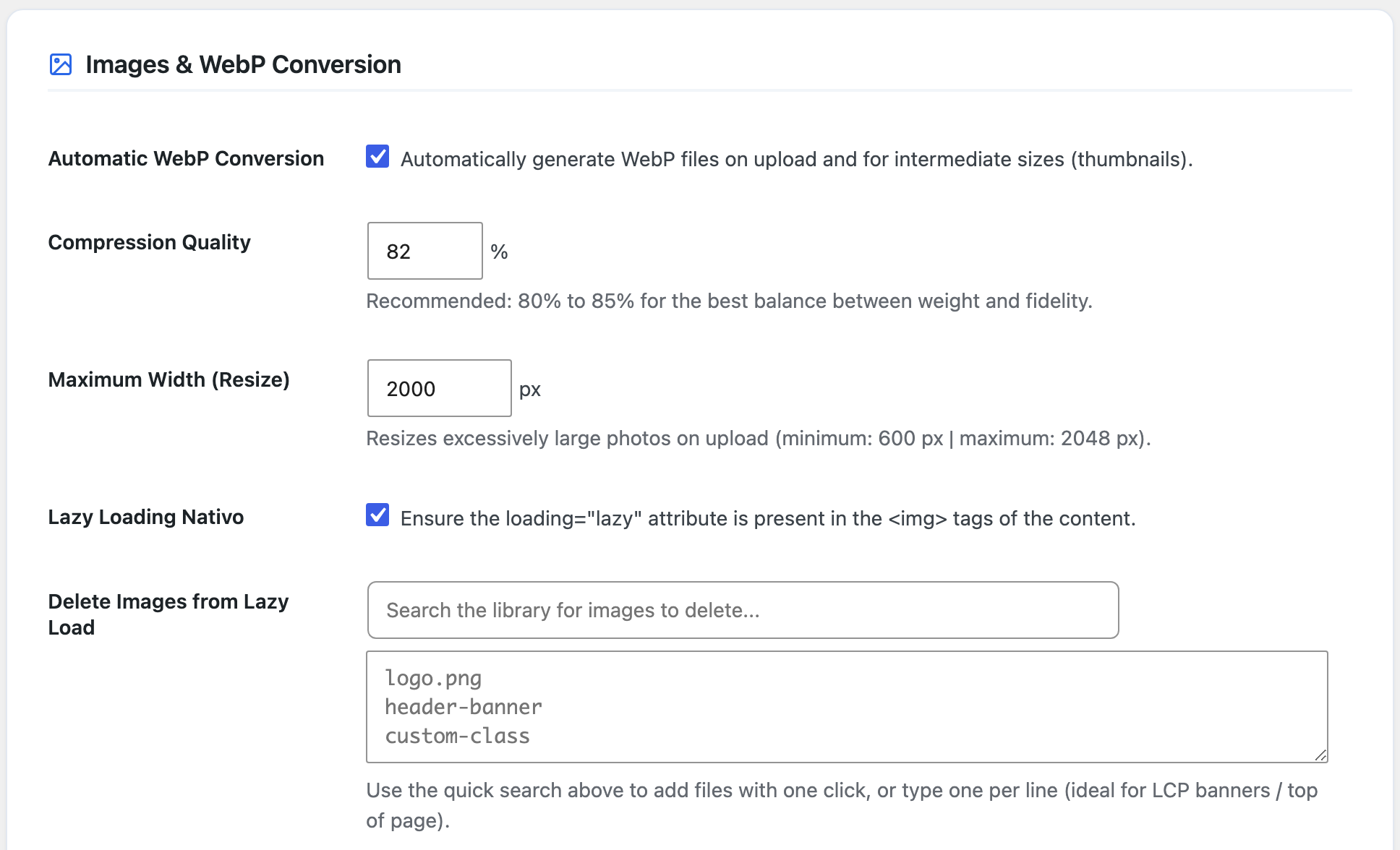 WebP image optimization settings with compression quality, automatic conversion and native lazy loading.