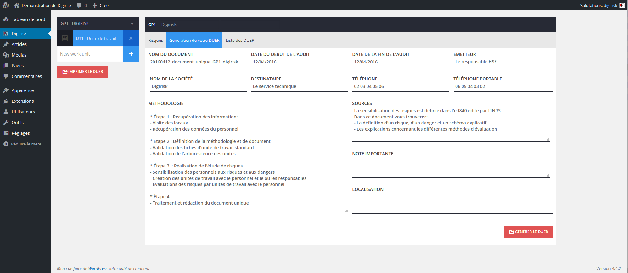 Interface principale de Digirisk / Digirisk main interface