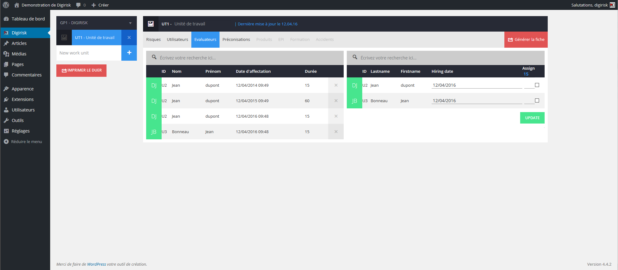 Interface de génération et de téléchargement des fiches de postes / Workunit sheet generation and download interface