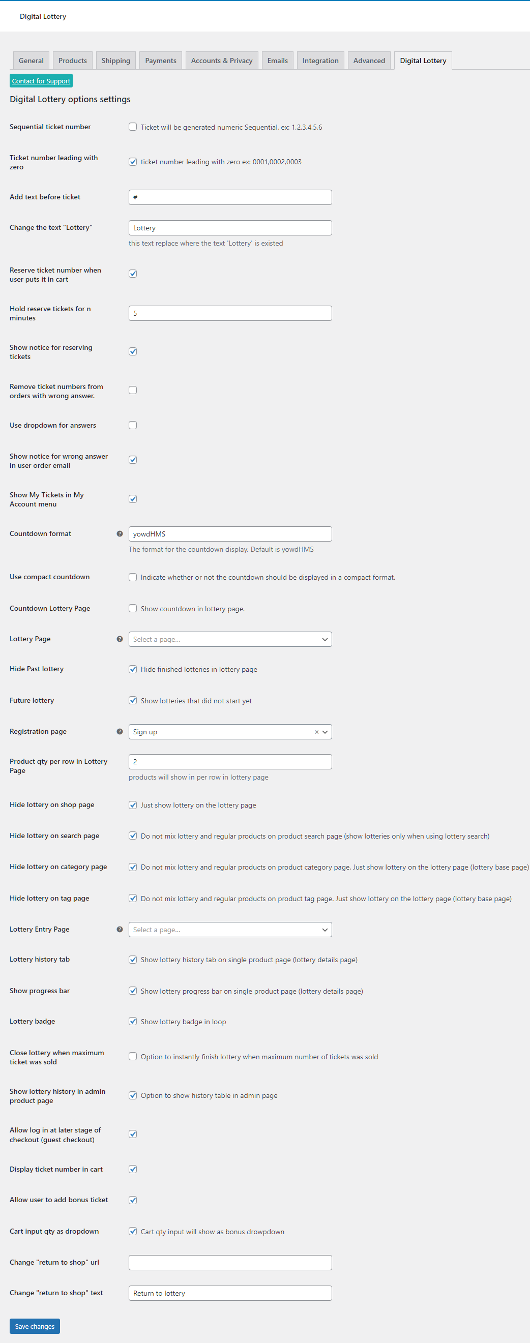 Digital lottery settings page