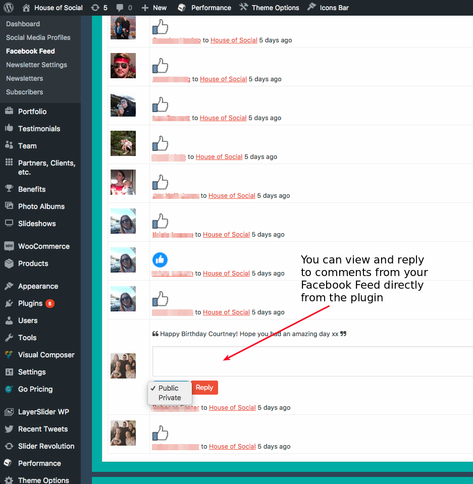 Facebook feed.  You can view and reply to Facebook comments inside the plugin page.