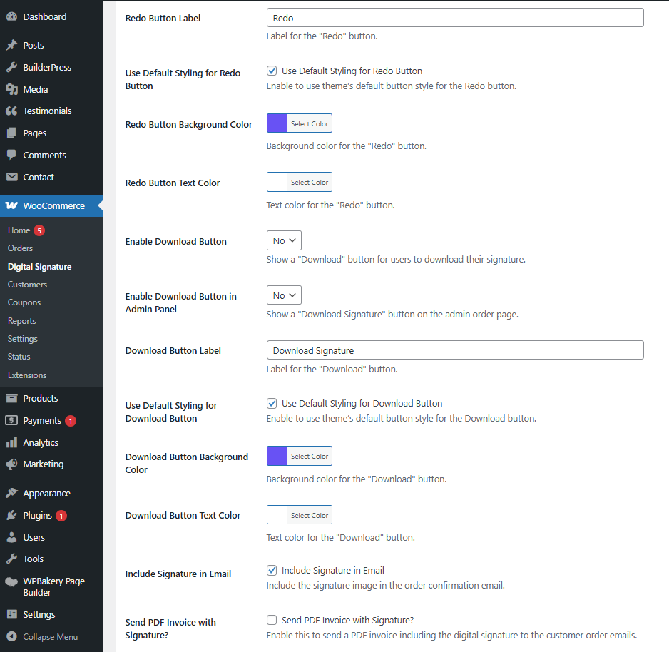 Admin settings page - PDF Invoice with Signature