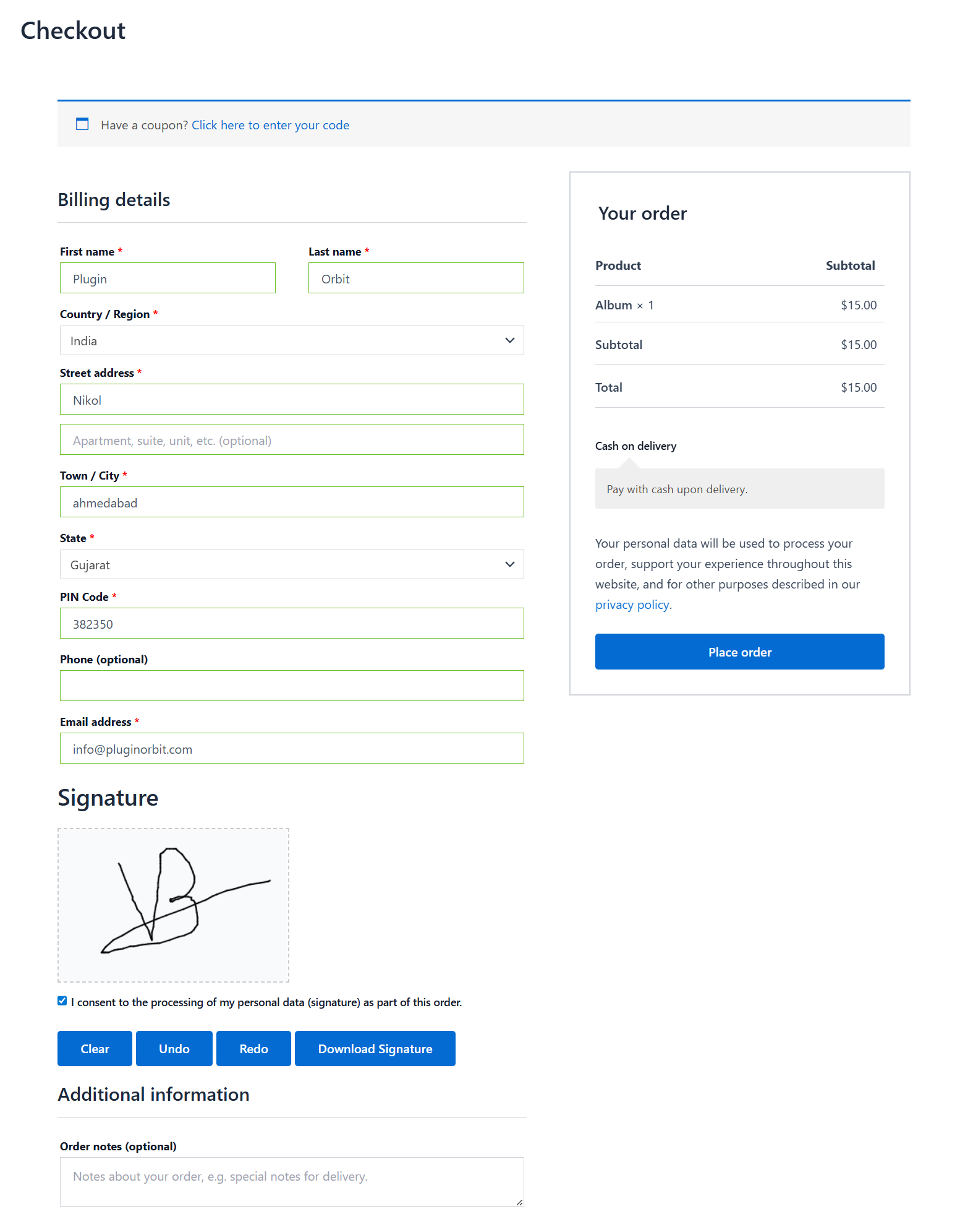 Signature field on checkout page