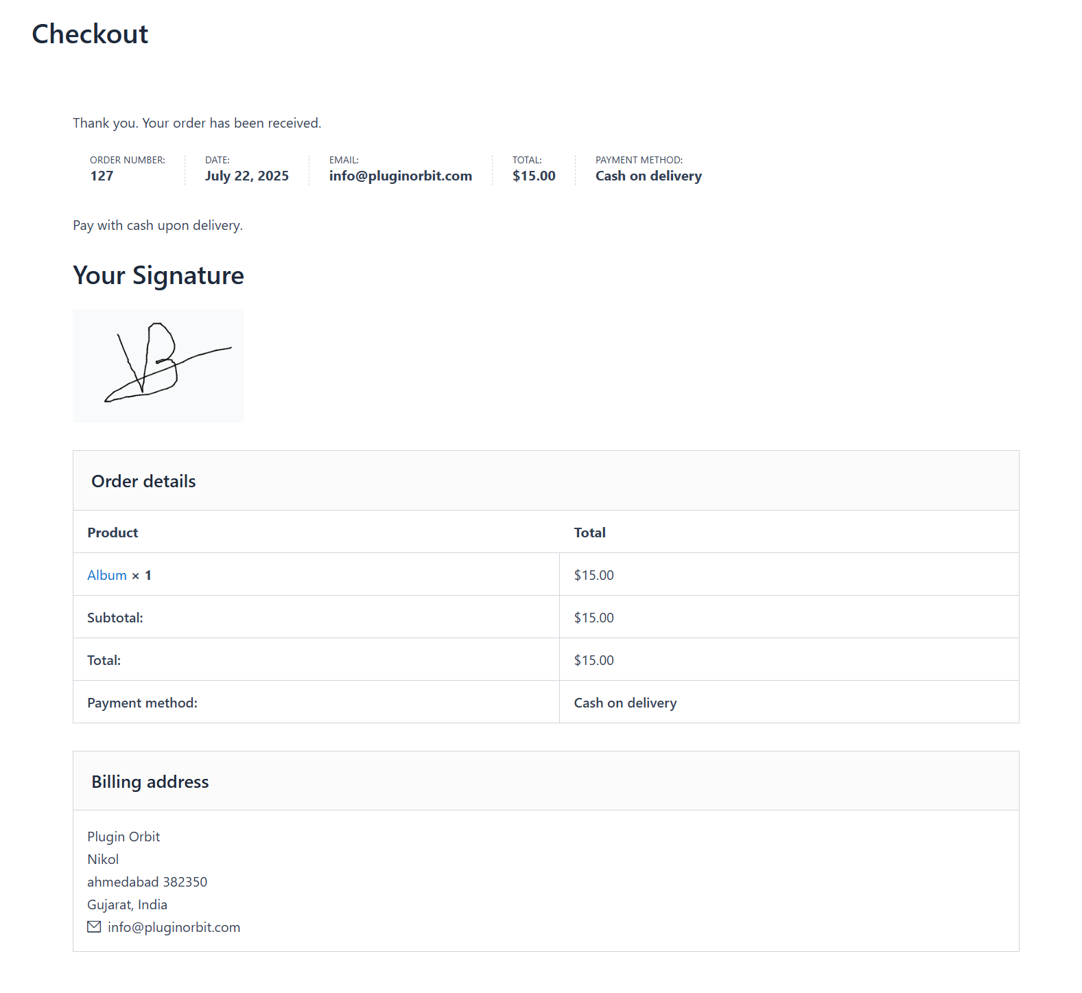 Signature preview on the order details page