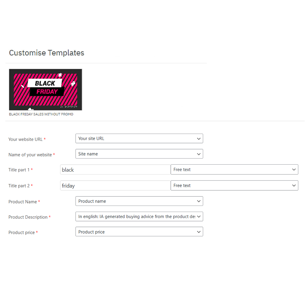 Directly in the interface, you can modify the name, URL, titles, descriptions, price, discounts, logo, images...