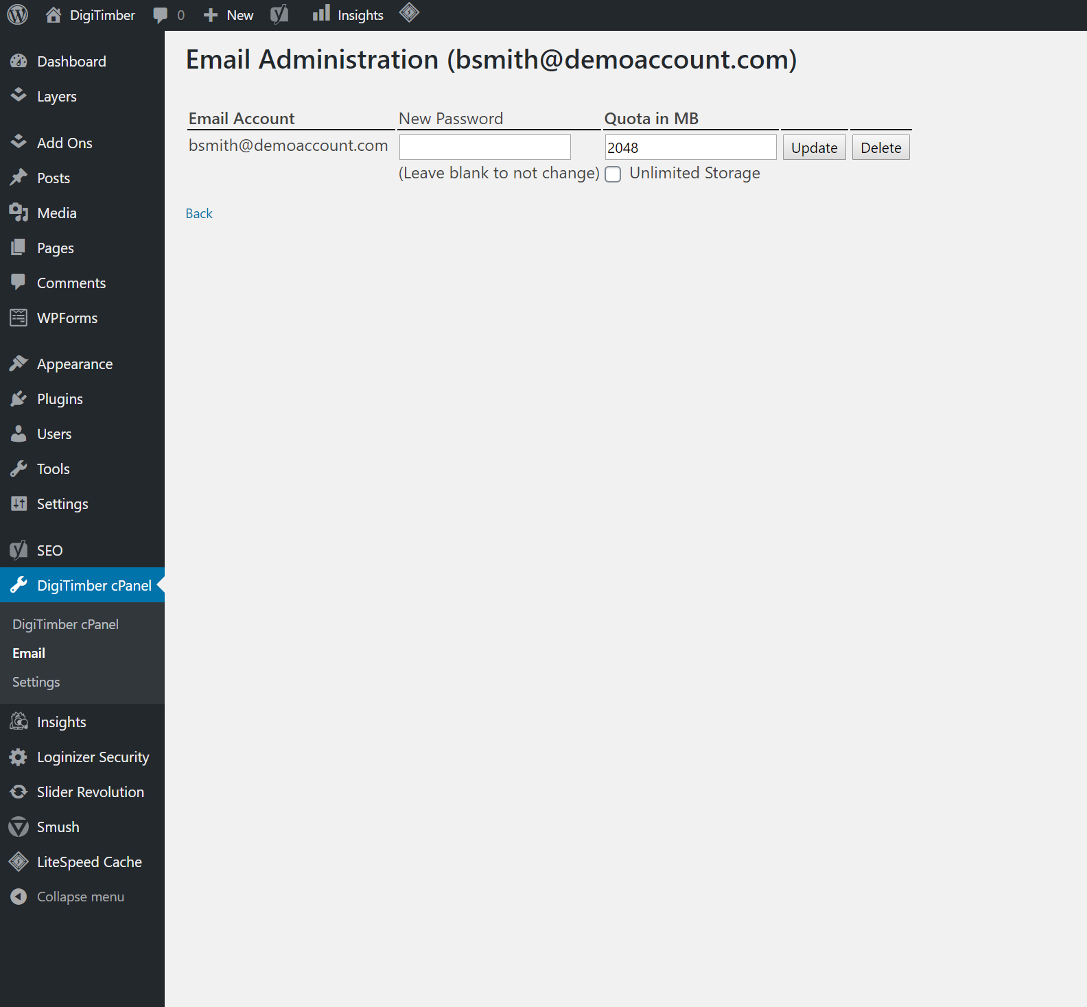 Manage Page - Shows the page of managing a single email account
