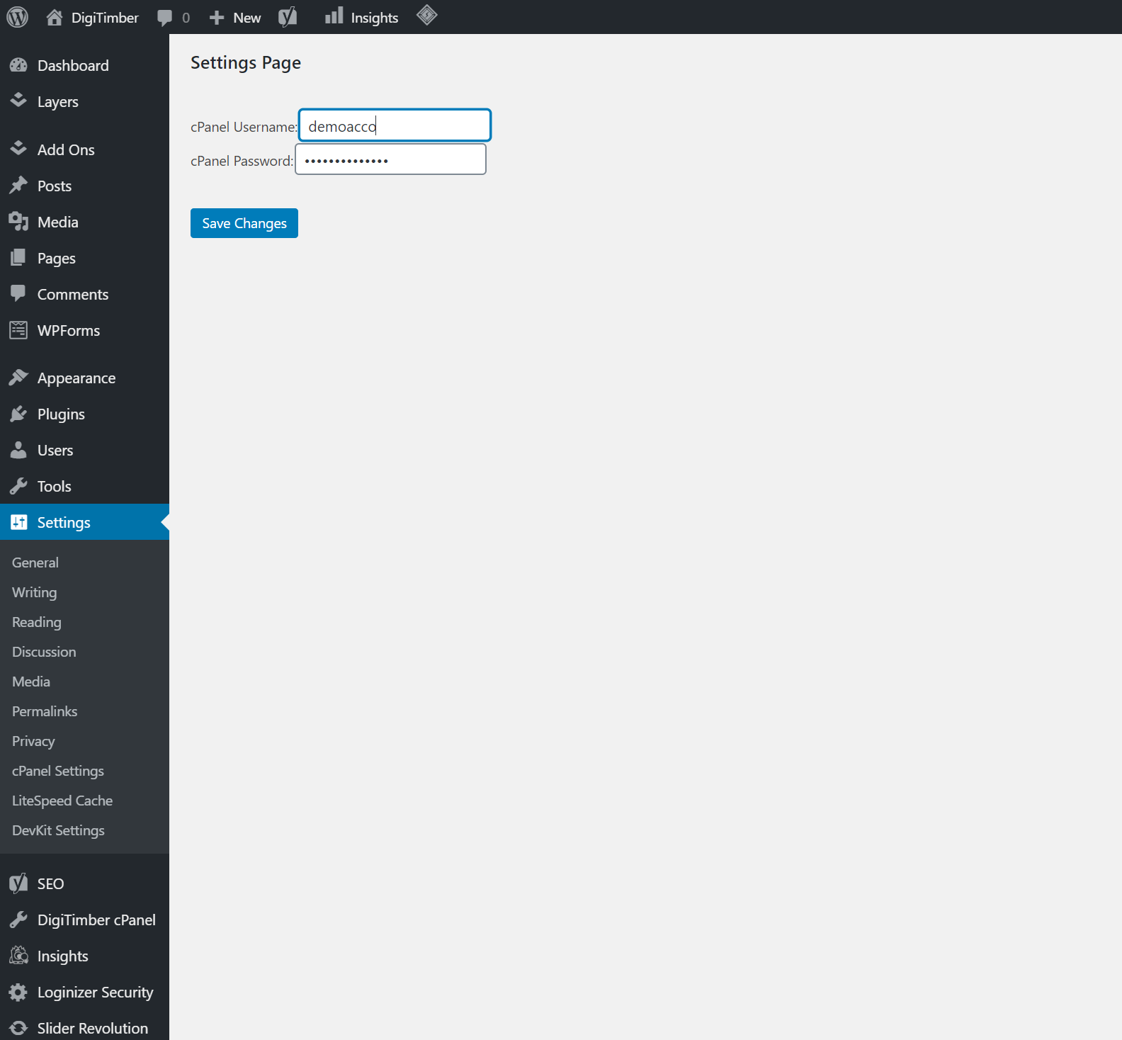 Settings Page - Shows the settings page where you enter cPanel credentials
