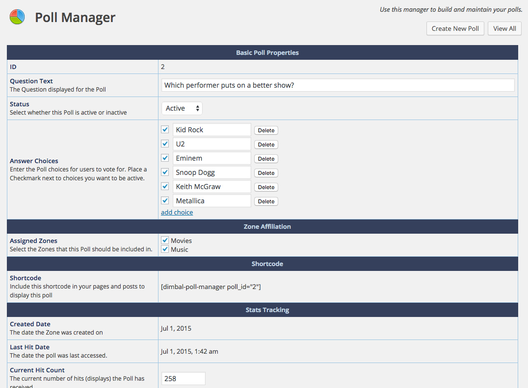 The Poll Editor screen allows you to edit the settings for an individual poll.  Each poll comes with a wide list of options to control and dictate how that poll is to be shown.  This includes options such as maximum responses, viewing results without responding, using 3d charts, a start and end date and many other features.