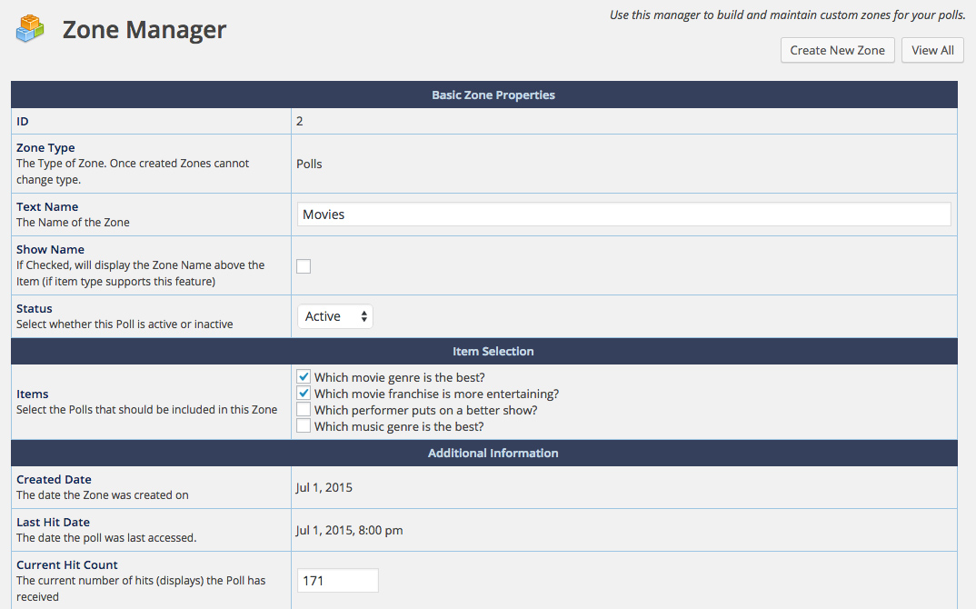 The Zone Editor screen allows you to edit the settings for an individual zone or group.  Settings such as which polls should be included, extra html to display along with the zone, showing a zone title and many others.