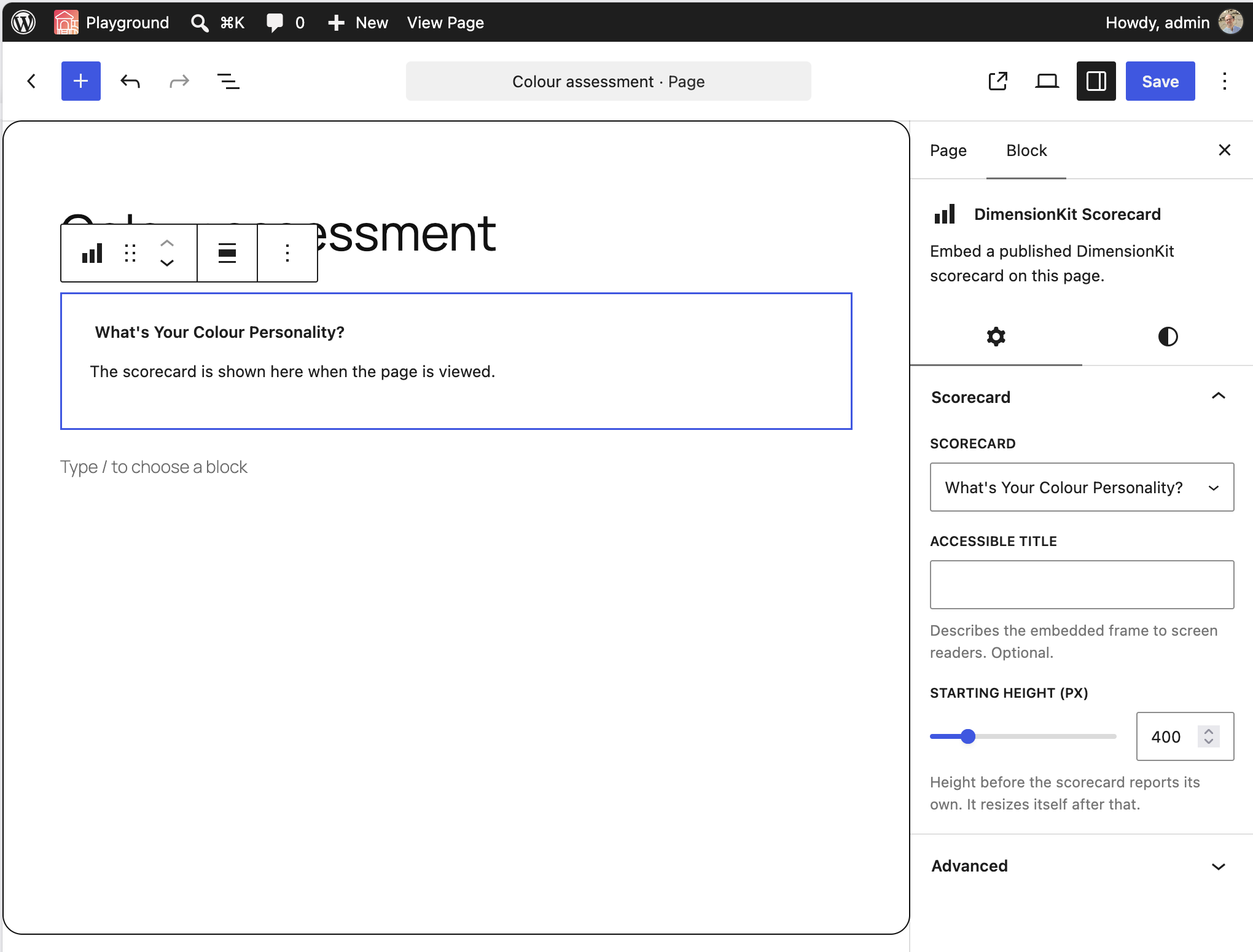 Choosing which scorecard to show, in the block editor.