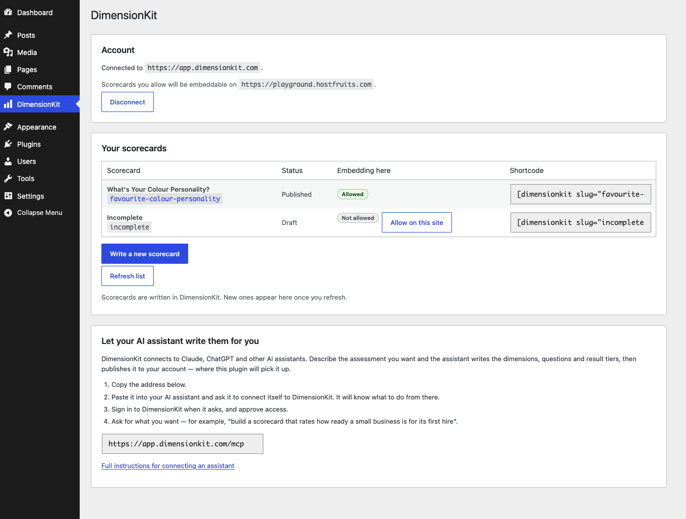 The settings screen — every scorecard on your account, which of them this site may embed, and the shortcode for each.
