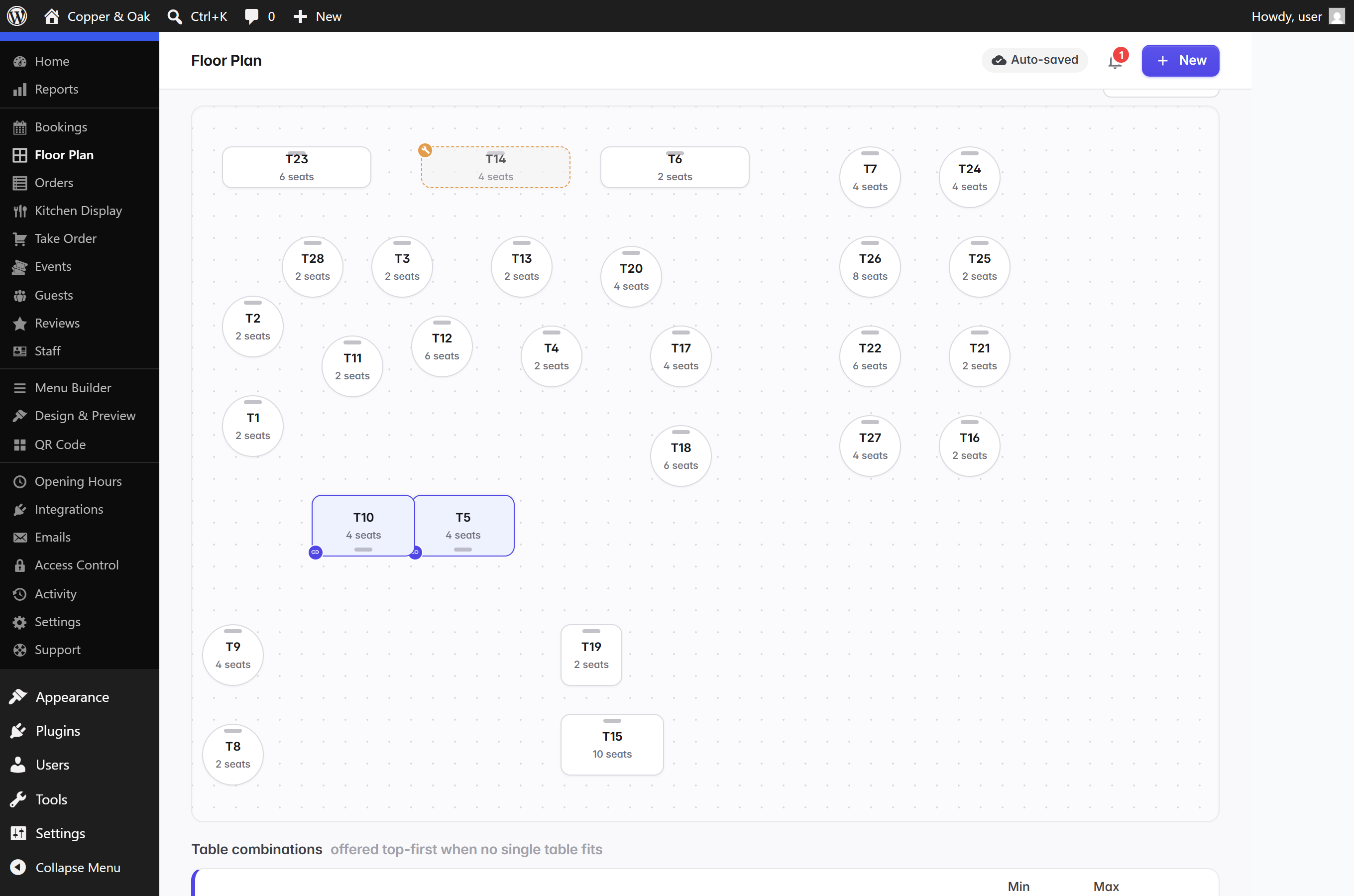 The Menu Builder — sections and dishes with allergens and multiple prices, all autosaved. Bulk-edit the whole menu in a spreadsheet with CSV export and import.