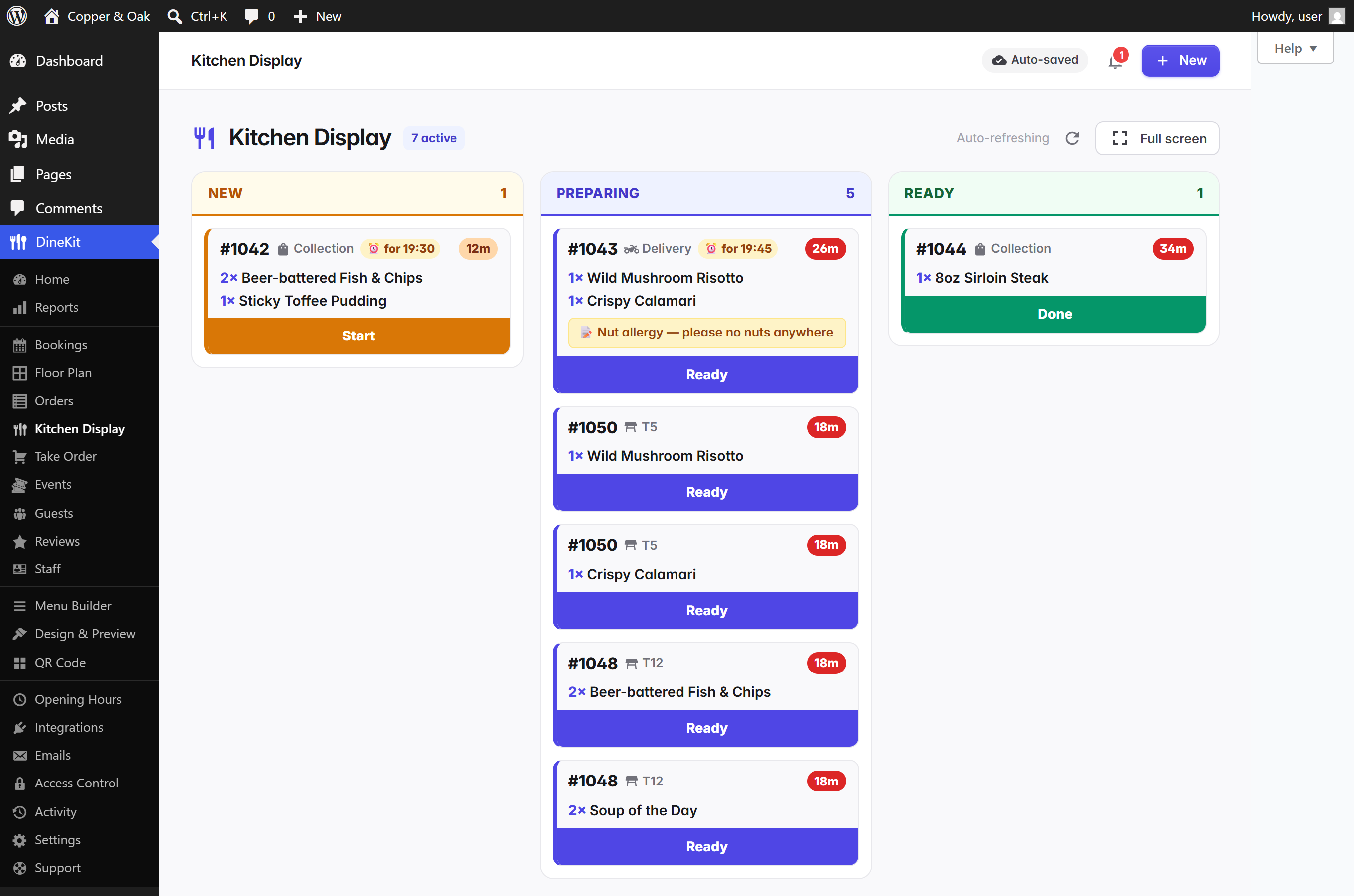 The Design Studio — click any part of the live preview to style it: seven venue-matched templates, per-element sizes and colours, changes appear instantly, and a copy-paste shortcode.