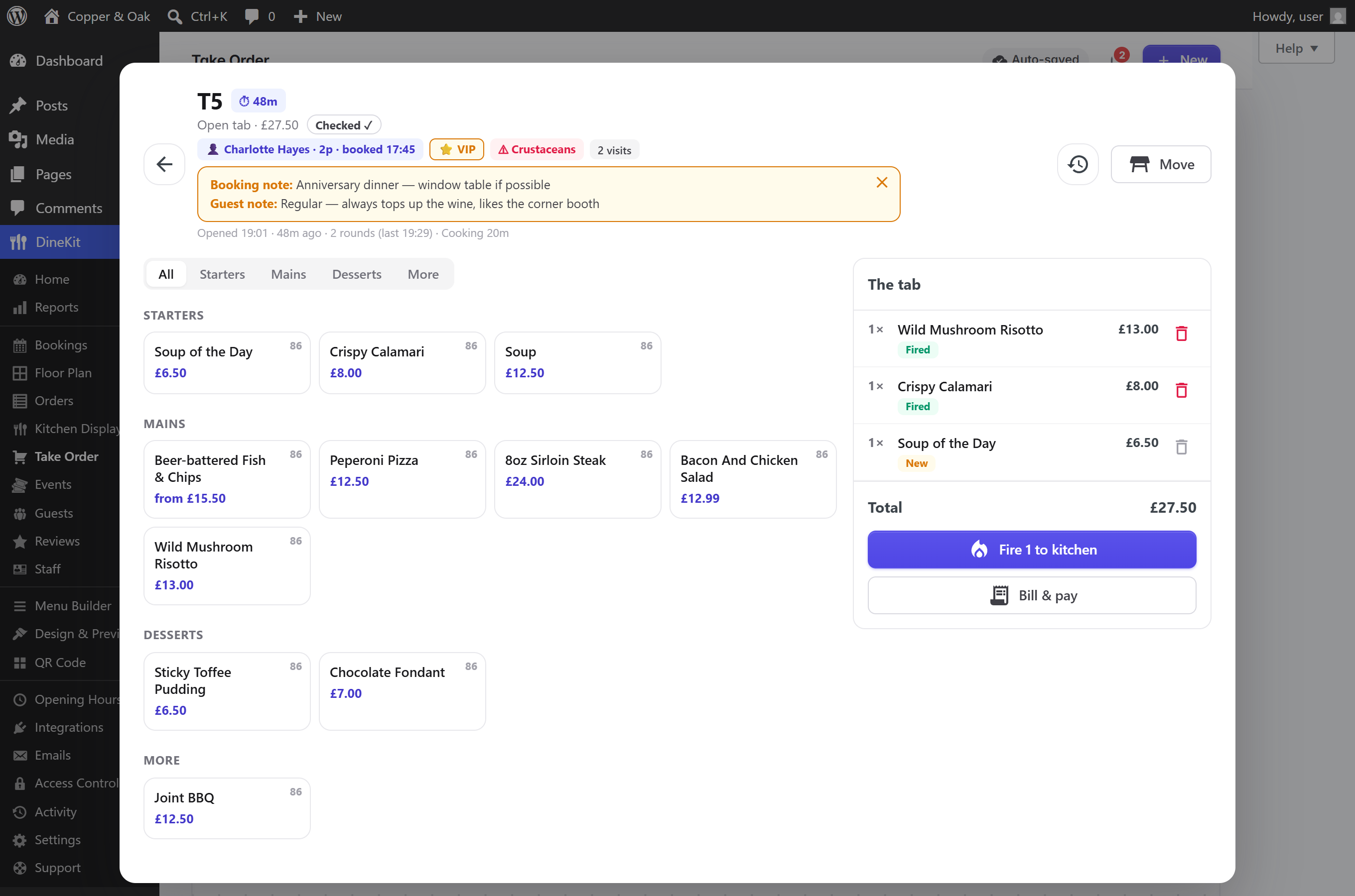 The public table-booking form — live availability, party size and deposits, as a block or shortcode.