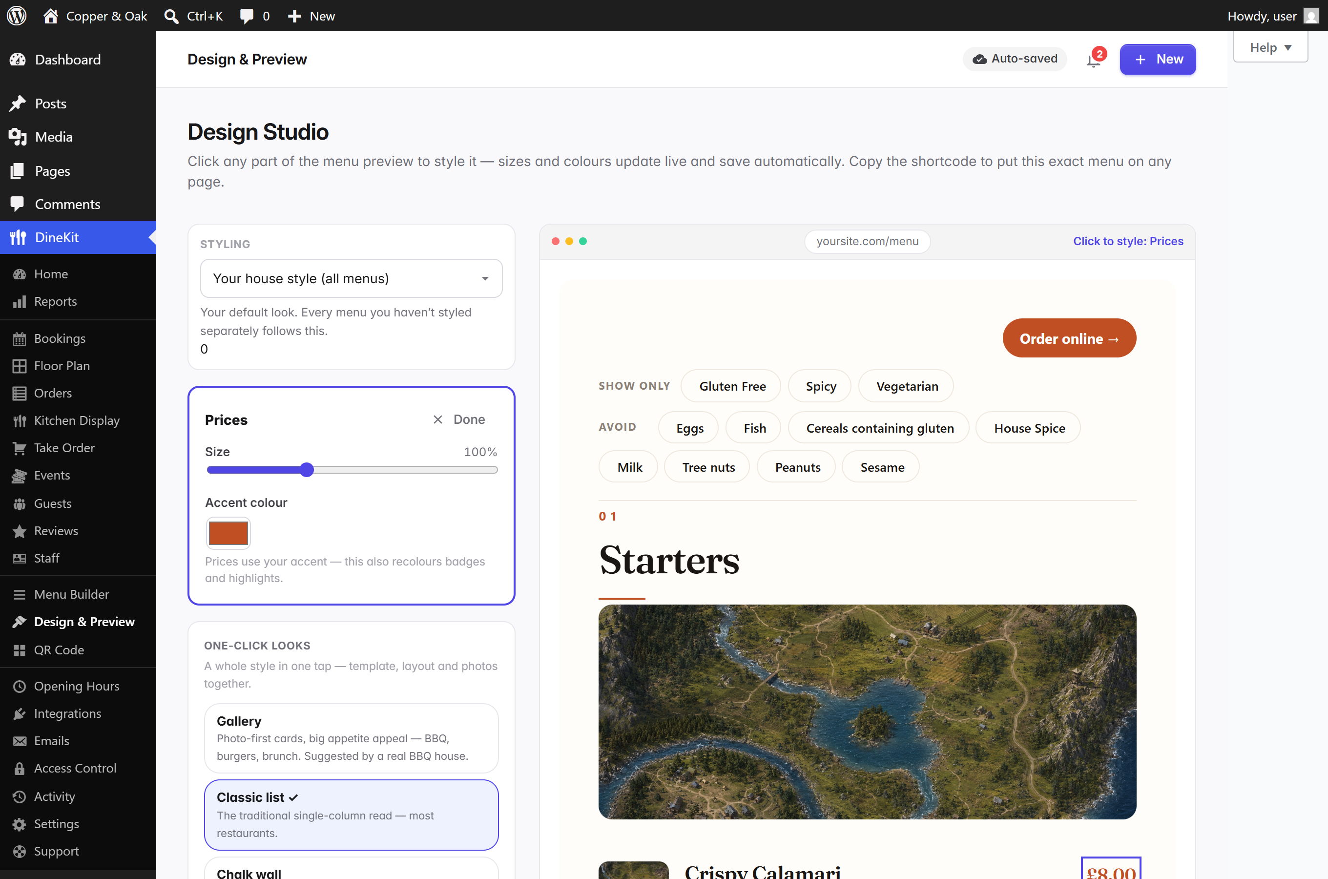 Set-menu events with per-guest pre-orders via a share link, and a consolidated kitchen prep sheet.