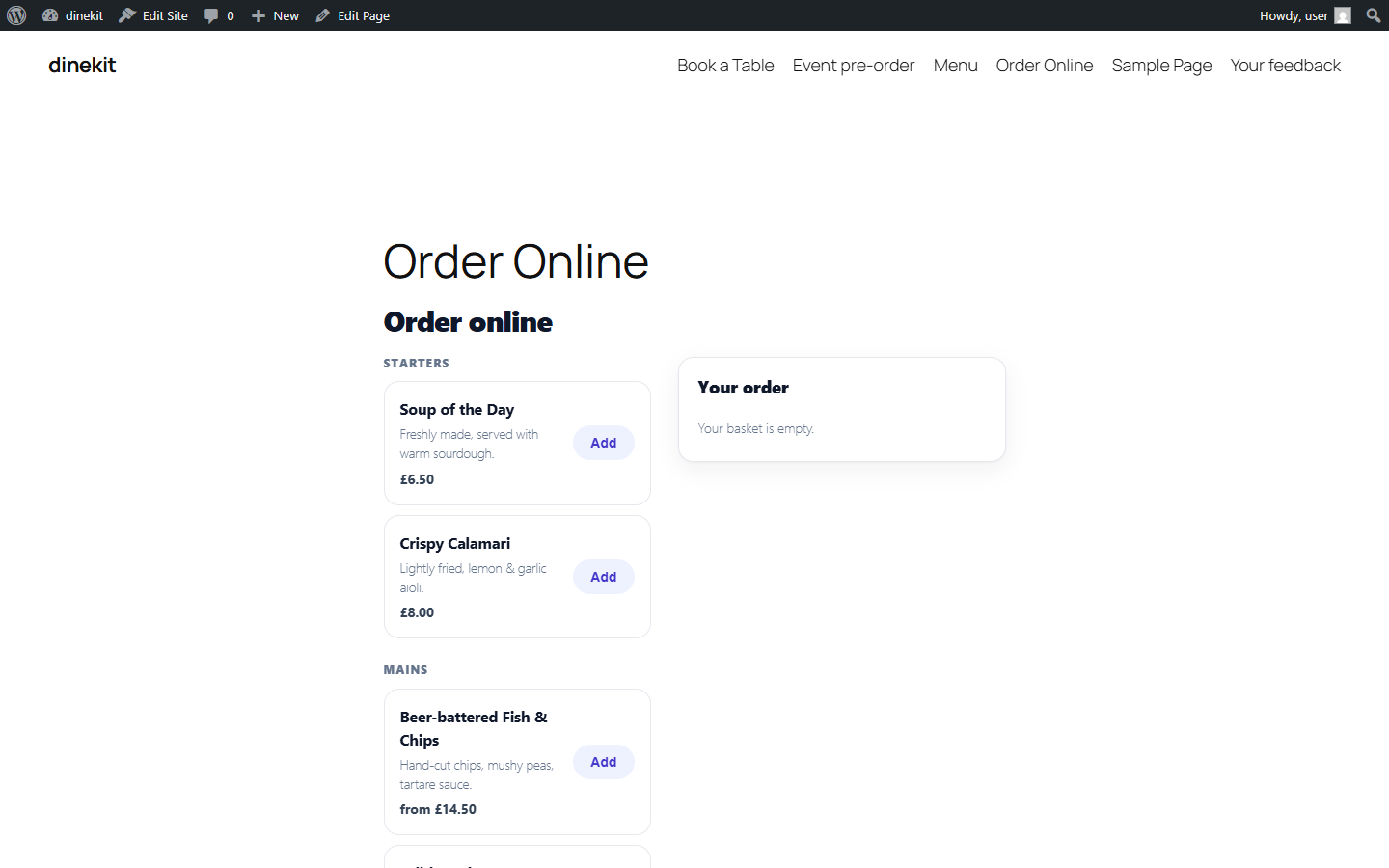 Take Order opens on your live floor plan — every table colour-coded with its stage and timer (Ordered, Cooking, Served), parties seated from the bookings diary already lit, reserved-soon warnings on free tables ("19:45 · 4p", "free til 21:45") and settled tables flagged for clearing. The floor and the diary always agree.