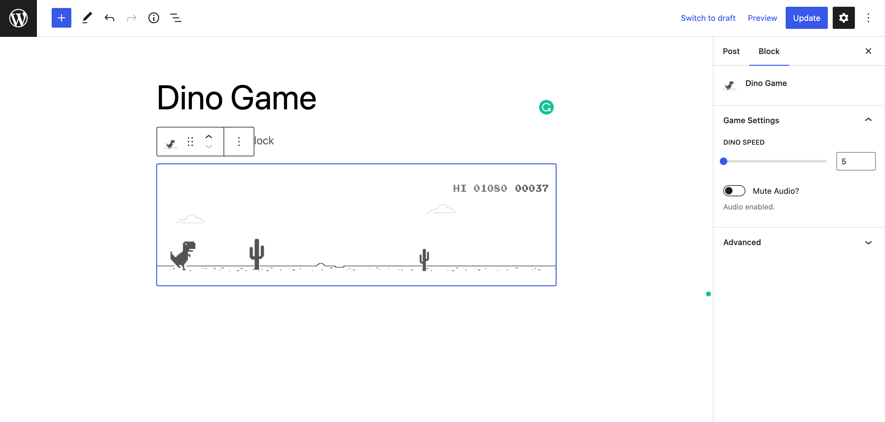 Dino Game added using Gutenberg Block