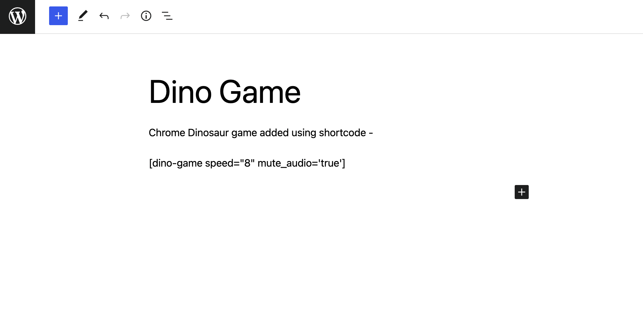 A view of the dinosaur game added within a post