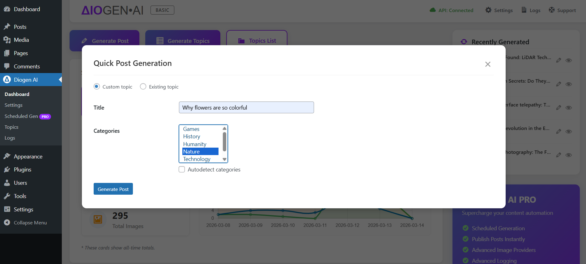 Post generation dialog.