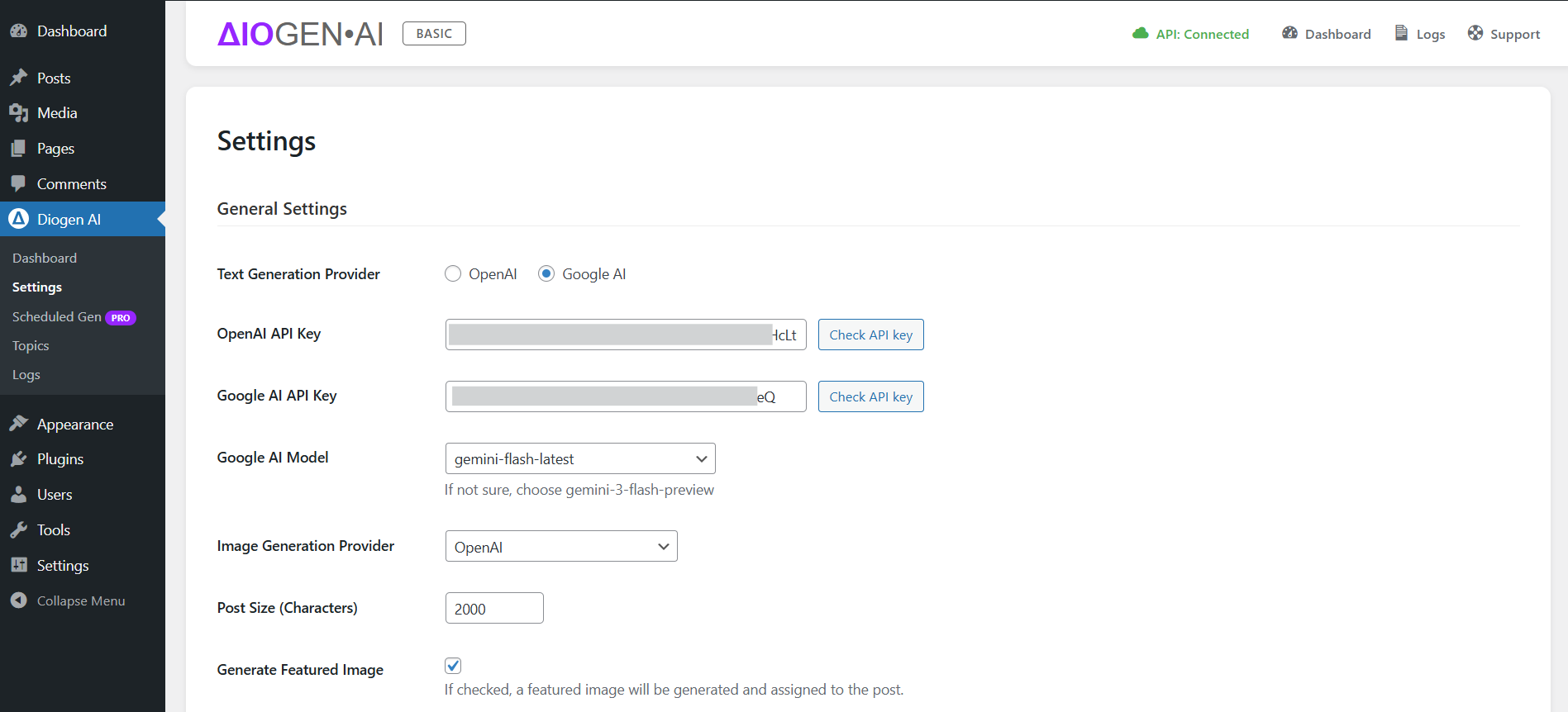 Settings page for API configuration and default post parameters.