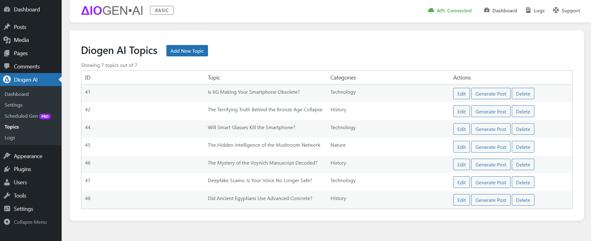 Topics management page showing generated and manual topics.