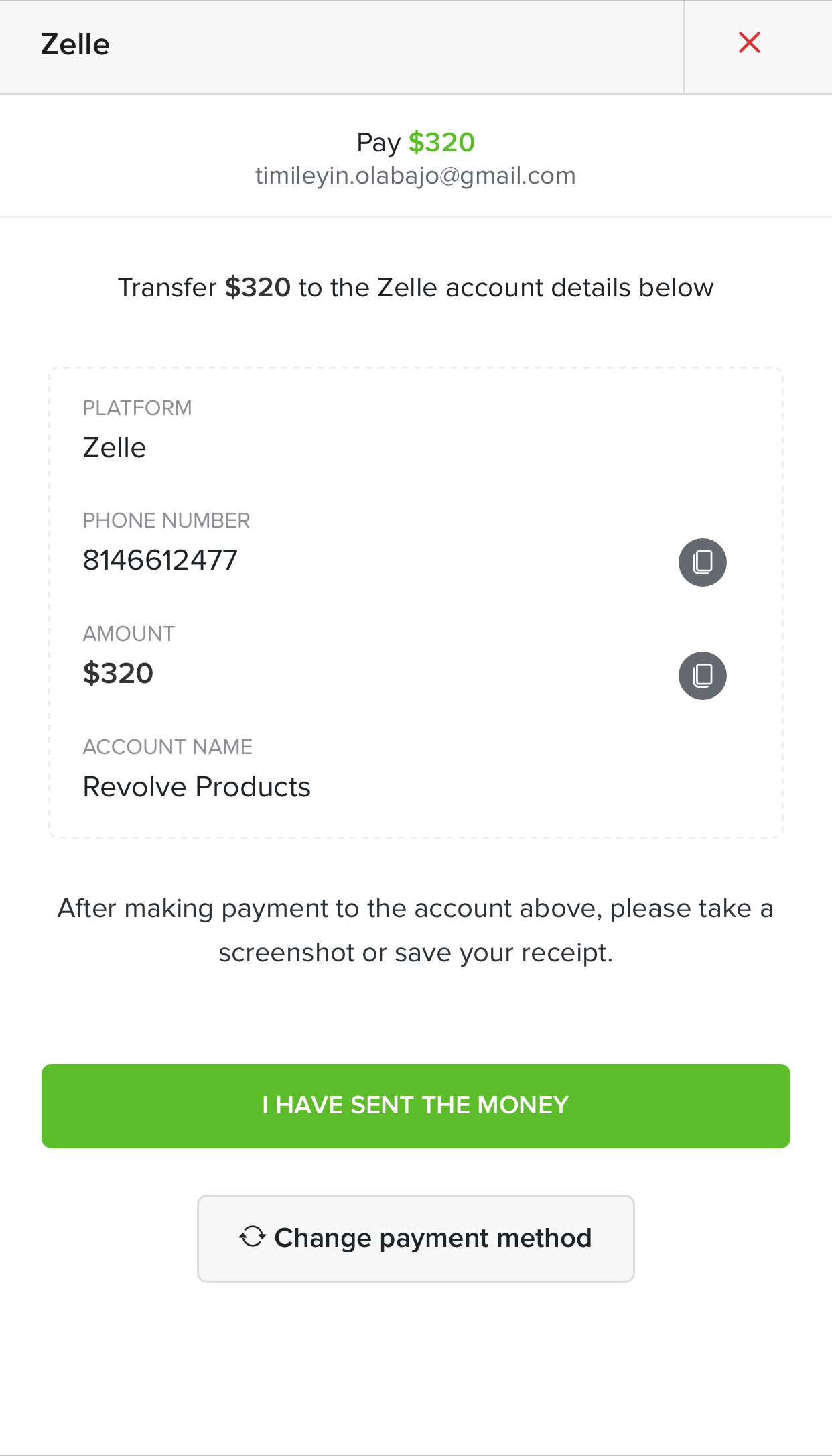 The payment screen for Mobile