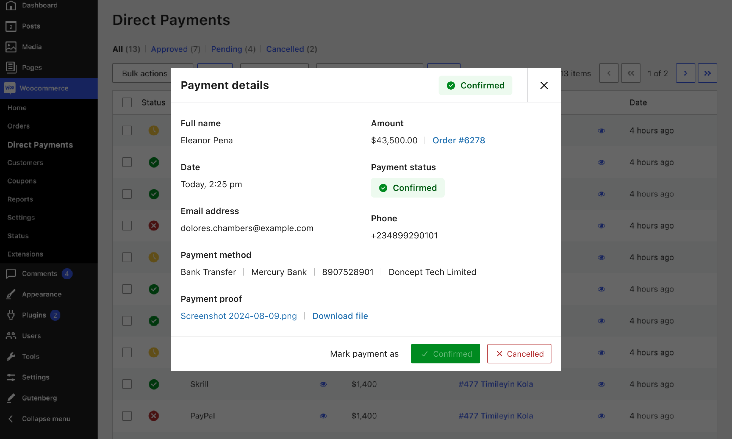 Direct Payments confirmation page