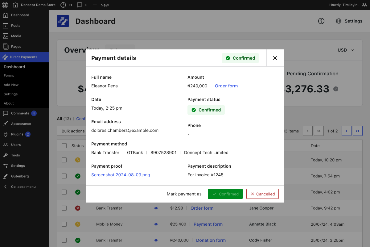 Direct Payments Confirmation page