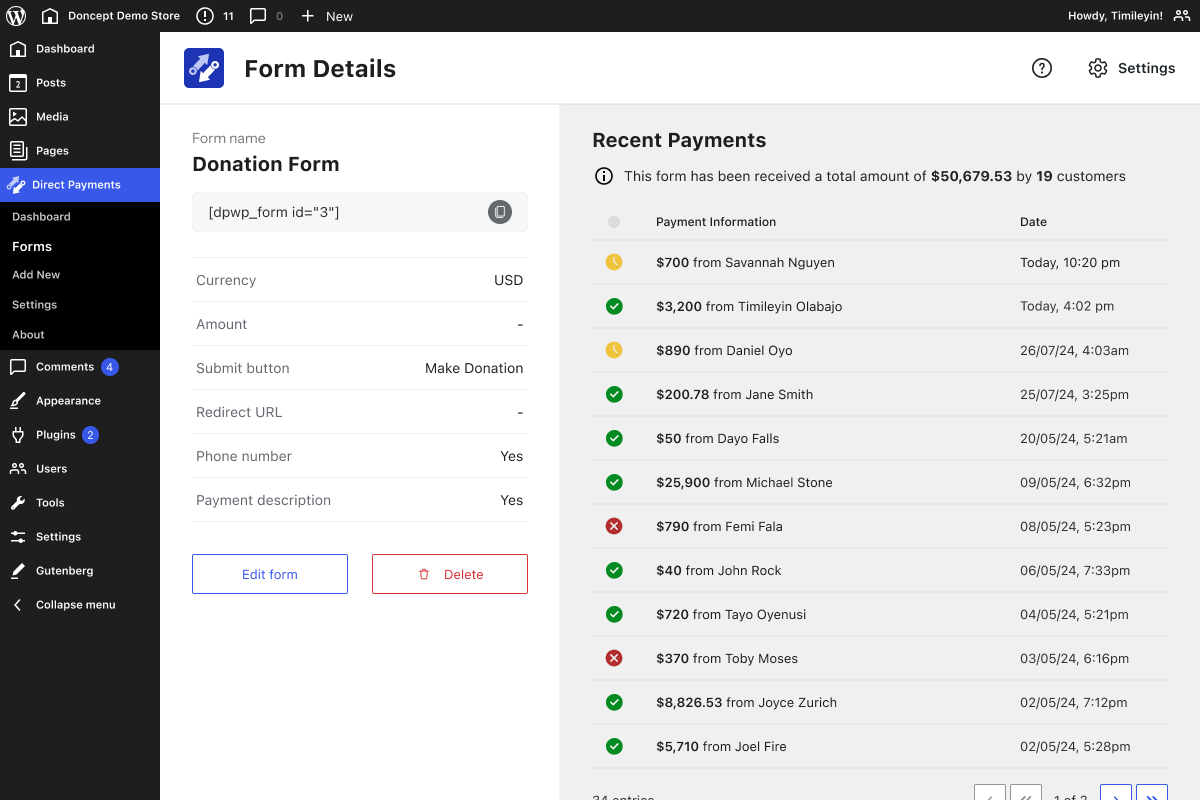 Form Details page