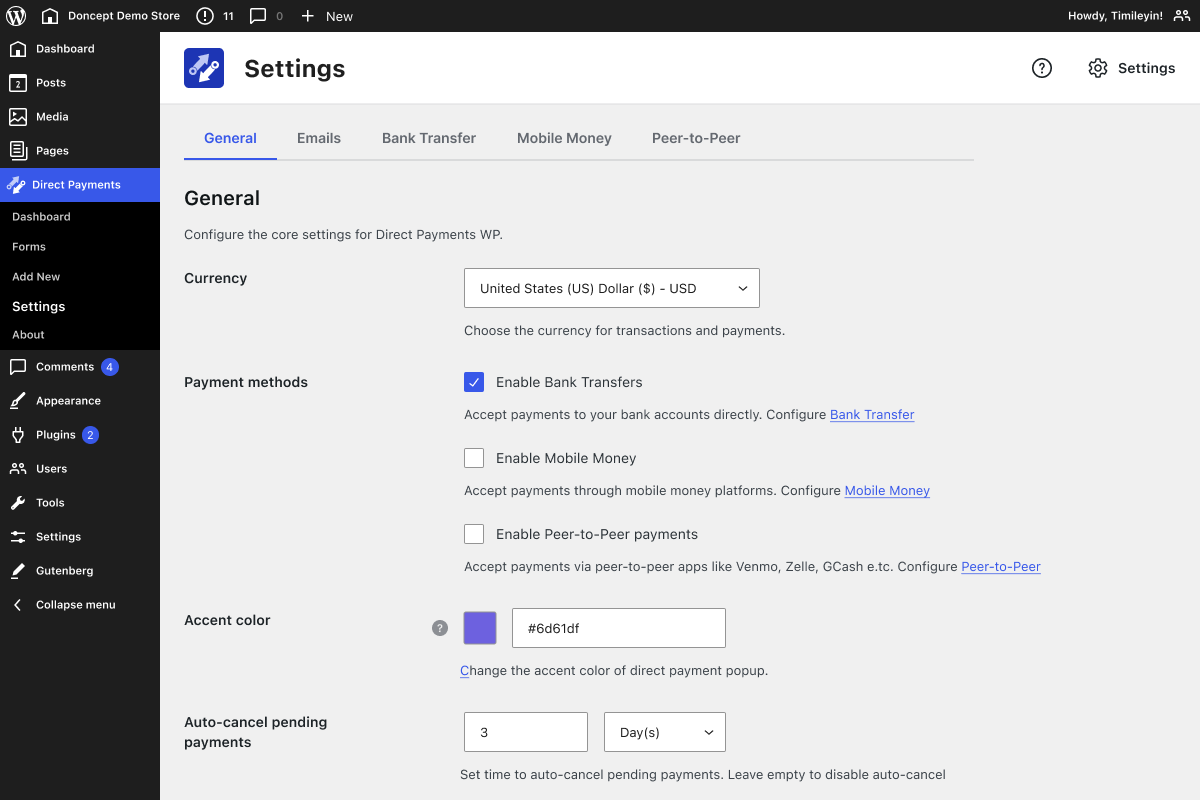 Direct Payments Settings page