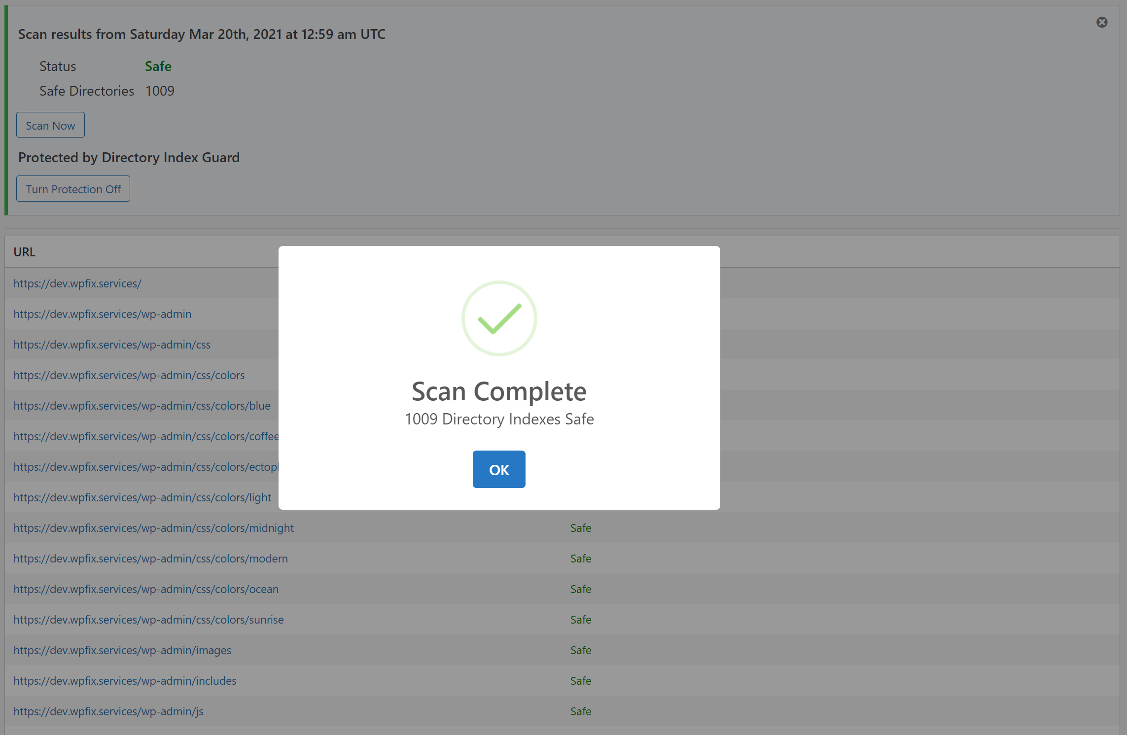 Scan showing exposed directory listings without Directory Index Guard protection.