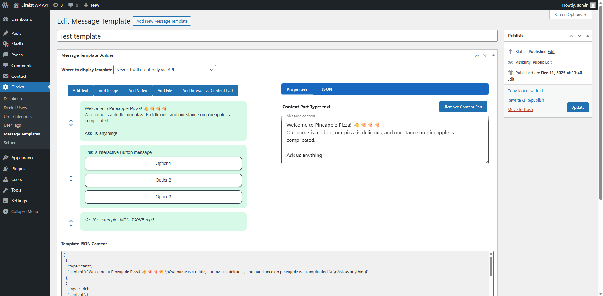 Direktt Interactive Message Template