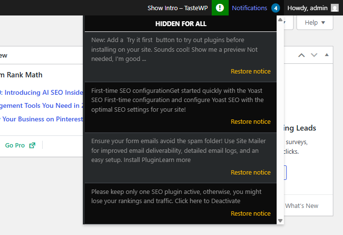 Display notification in the admin bar