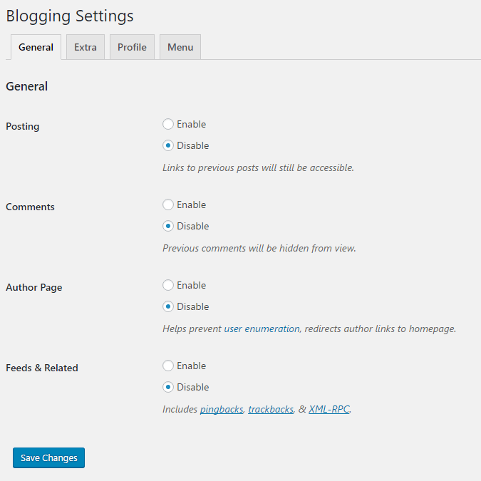 General settings to toggle which blog functions to disable.