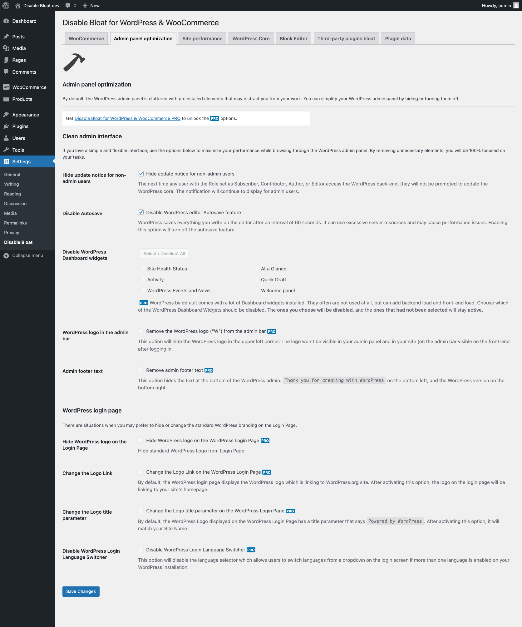 Admin panel optimization section
